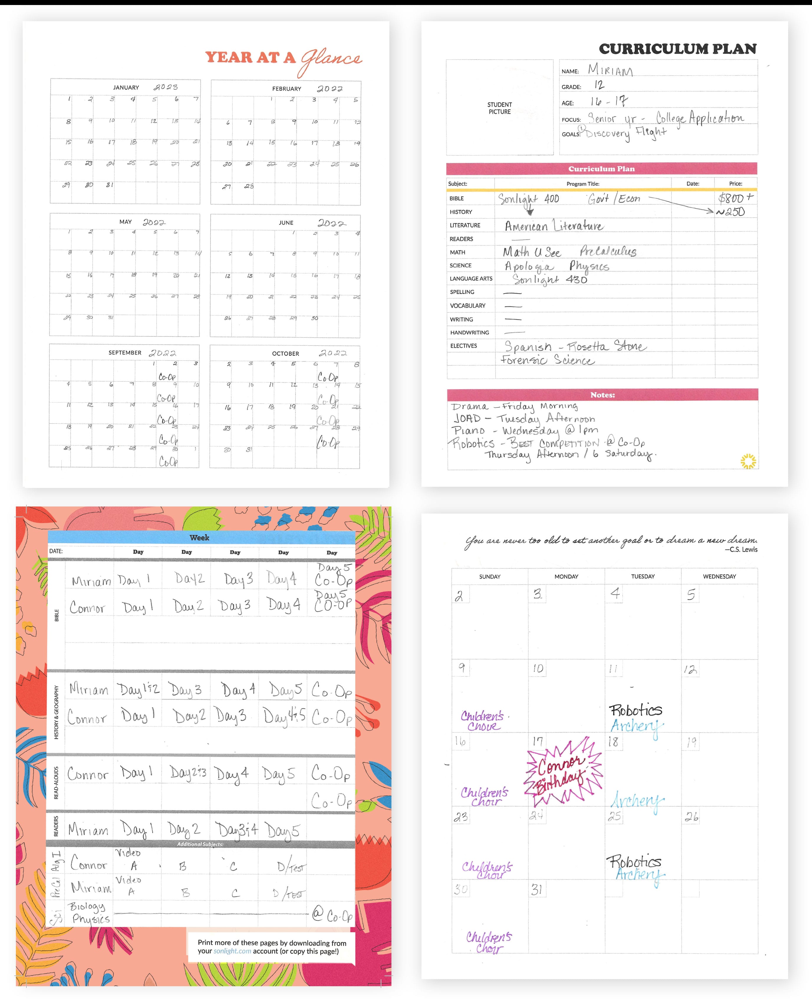 Inside Sonlight's Homeschool Planner - Completed sample pages